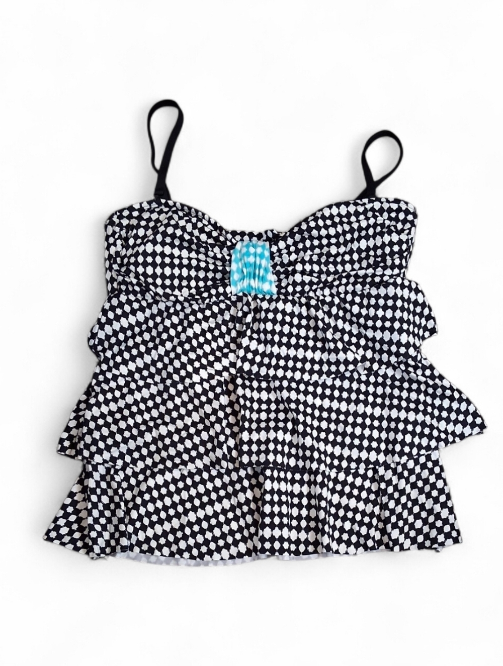 24th & Ocean Black, White, Turquoise Ruffle Tankini Swim Top Women's Size M